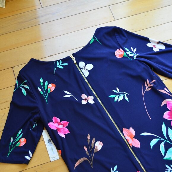 Eliza J Navy Floral Sheath Midi Dress Elbow Sleeve Crew Neck Size 14 NWT - Picture 10 of 13